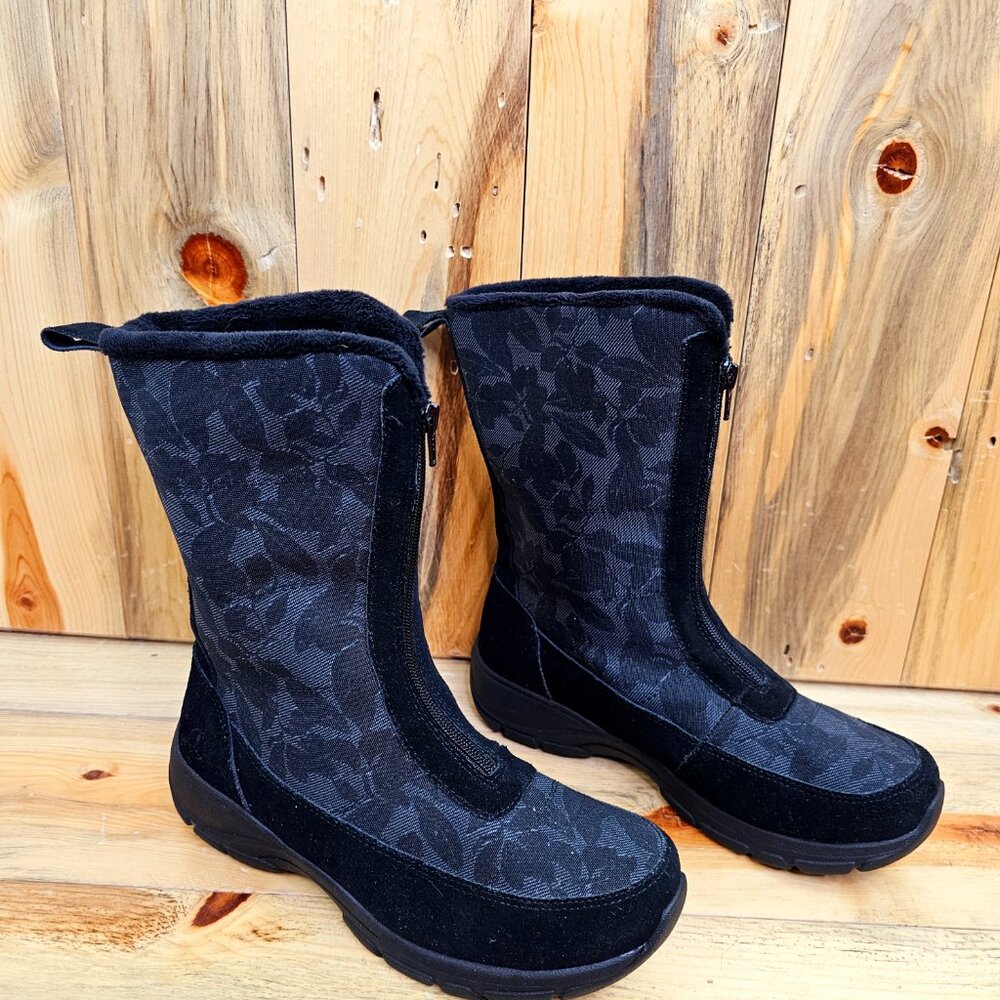 Lands End Black Suede & Canvas Fleece Lined Boots Size 9.5
